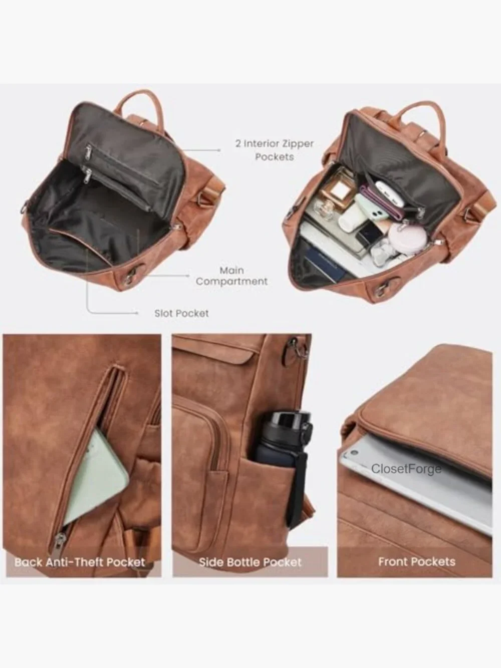 3-in-1 Convertible Vegan Leather Backpack Purse with Hidden Zipper